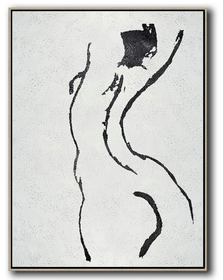 Hand Painted Abstract Art,Black And White Minimal Painting On Canvas - Giant Canvas Wall Art